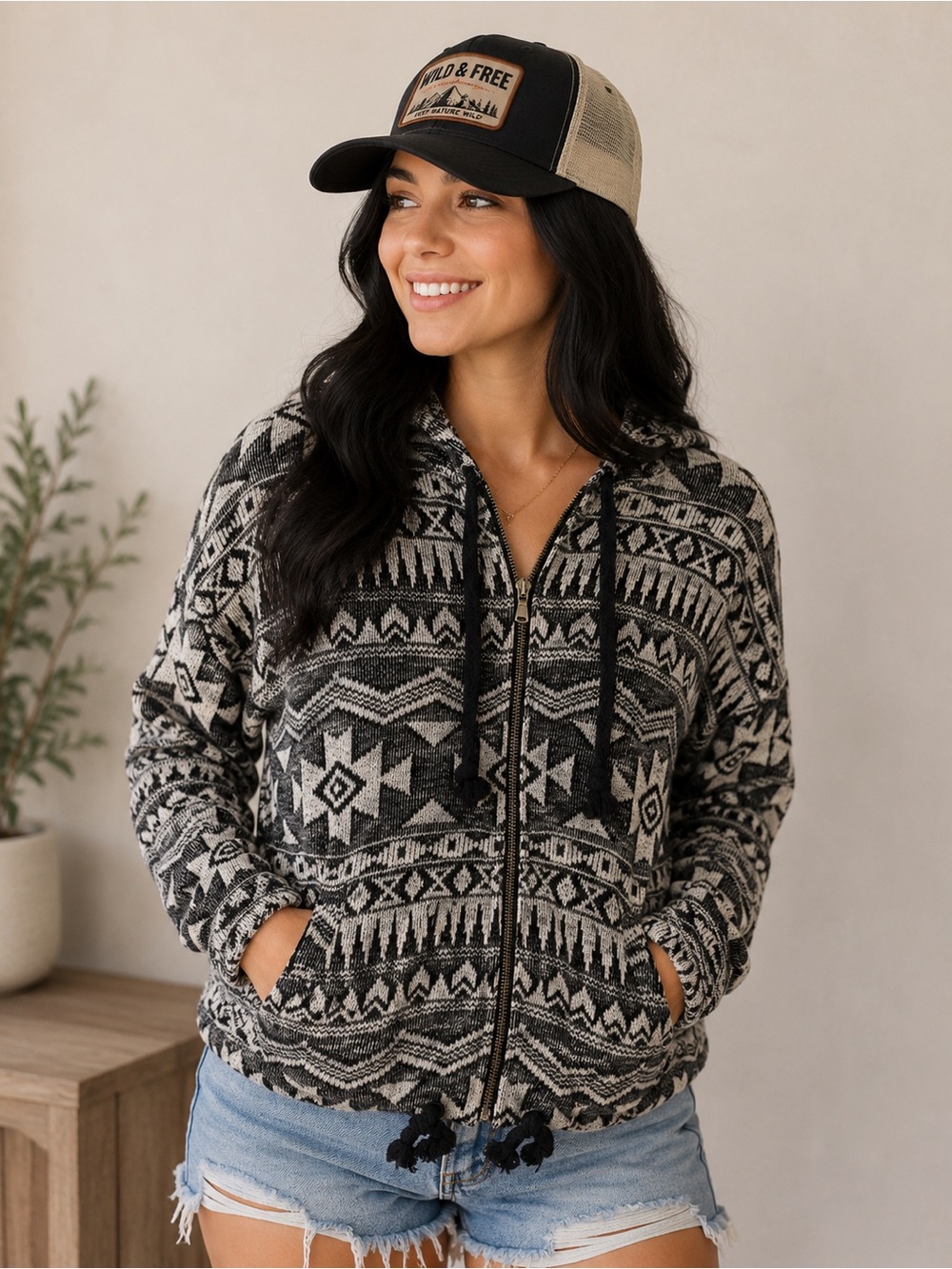 American Eagle Outfitters Black and White Patterned Zip Hoodie